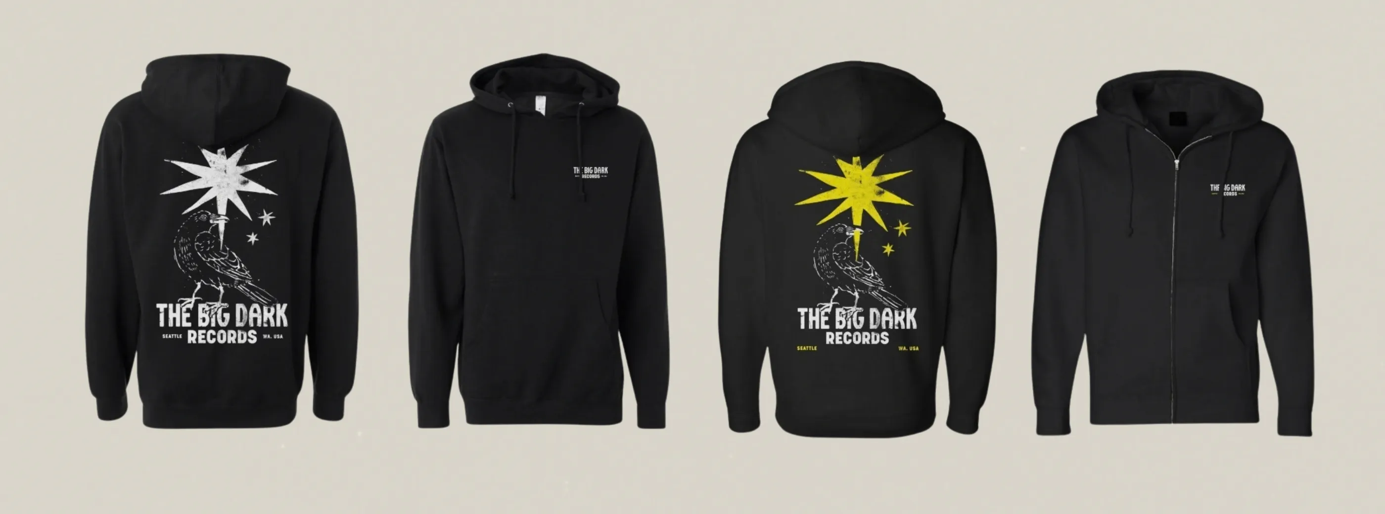 Four black The Big Dark Records hoodies and zip-ups, front and back, with the star and crow logo.